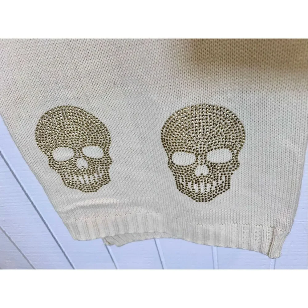 NWT MAGASCHONI Oversized Cream Knit Throw With 6 Rhinestone Skeleton Skulls